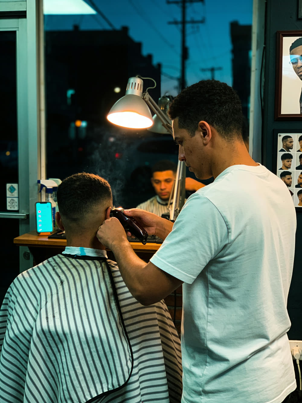 A barber working alone in his shop at dusk, the phone ringing behind him